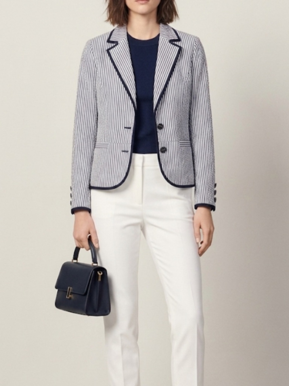 Sandro Cotton Blazer Blue White Stripe Nautical Styling Seersucker Jacket Large - Picture 16 of 16